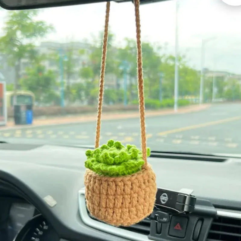 Green and white knitted car plant ornament with 8cm basin base and hanging rope for vehicle interiors