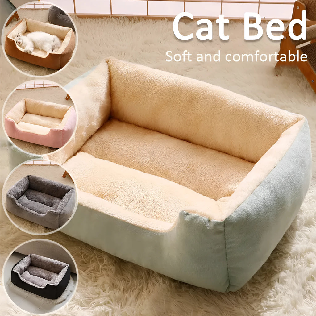 Short plush rectangular cat bed in five sizes from 45x30cm to 80x60cm and five colours