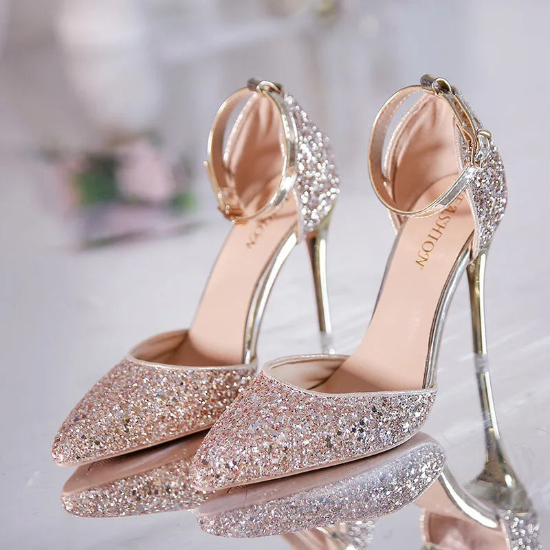 Stiletto heel fashion high heels pumps in solid colour with beaded and belt decoration, super high heel over 8cm