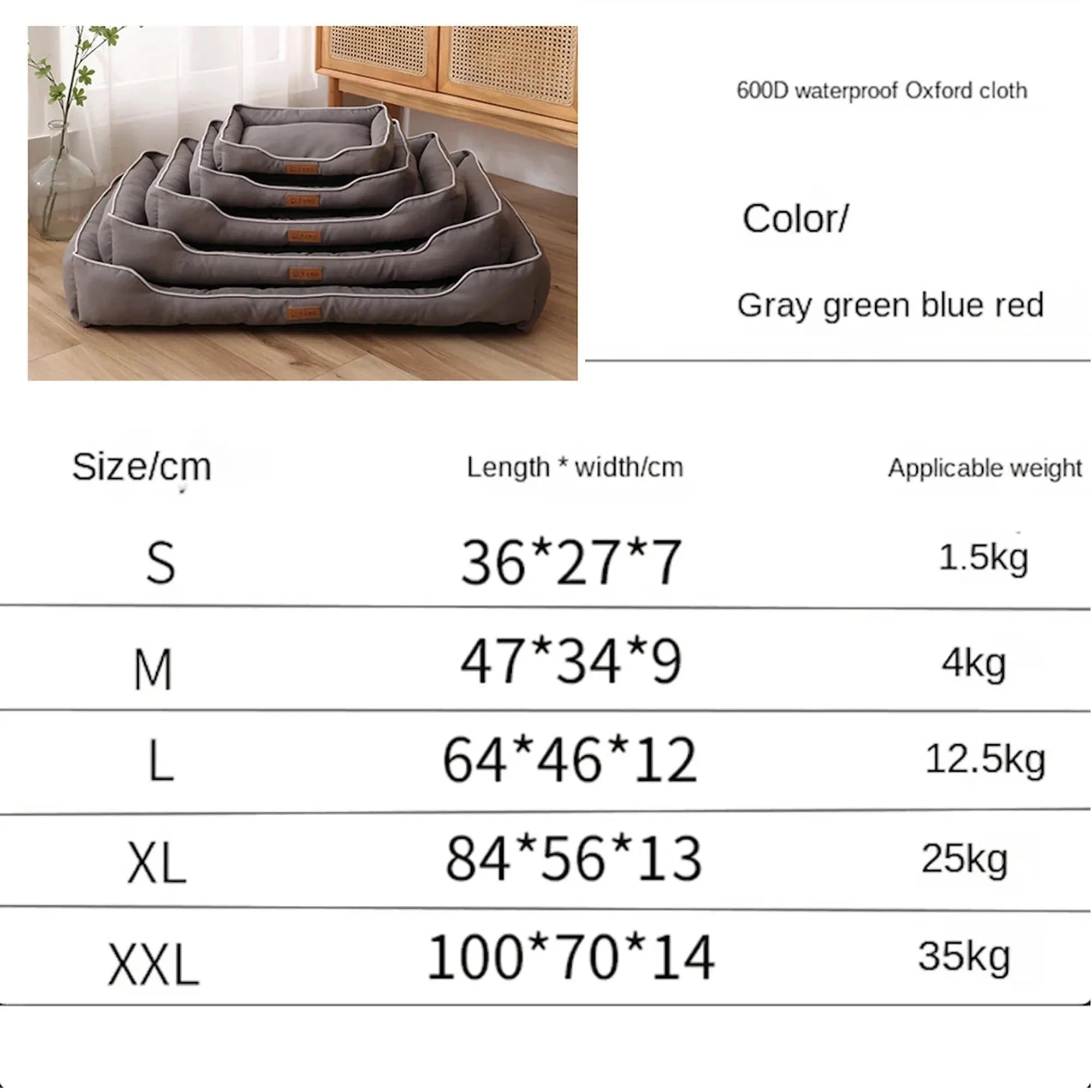 Grey waterproof dog sofa bed with cushioned sides on a wooden floor.