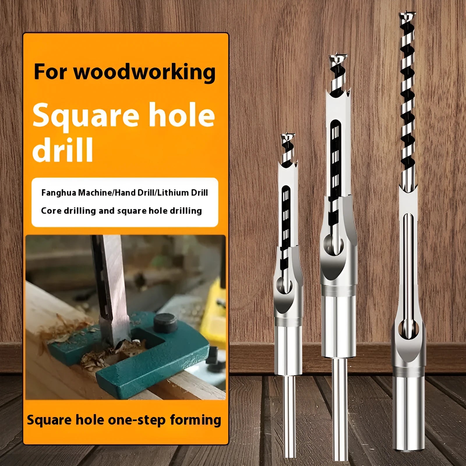 Carbon steel square hole drill bit and core set measuring 12.7mm for woodworking.