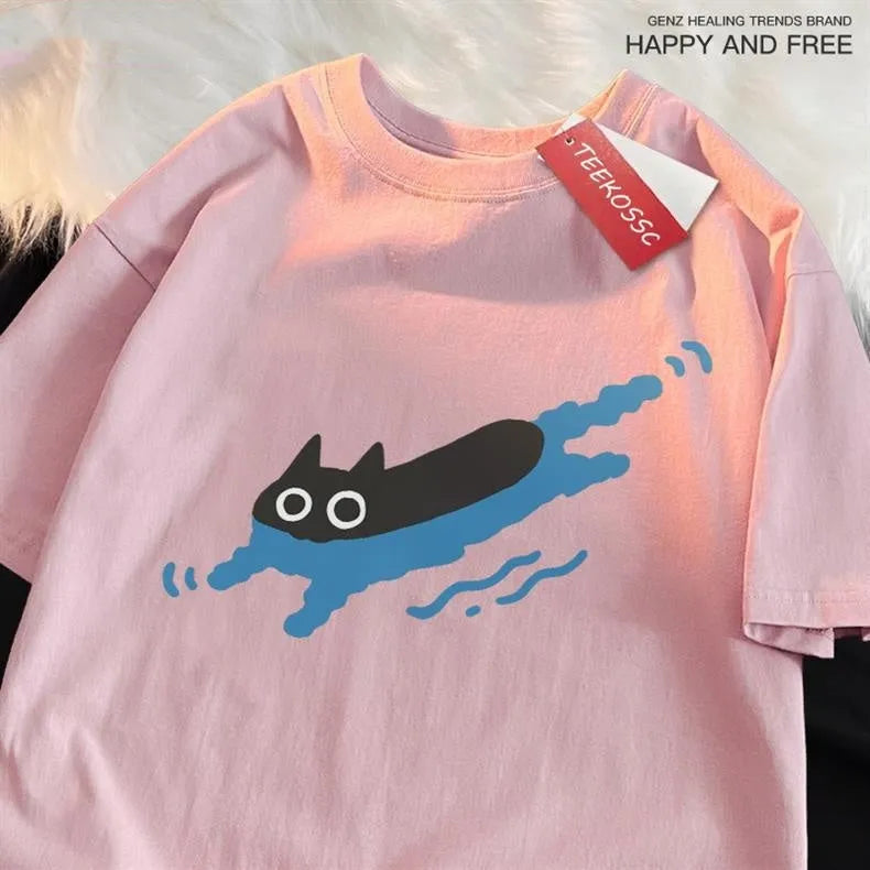 Plus size women's black cat print short sleeve cotton T-shirt in a straight cut.