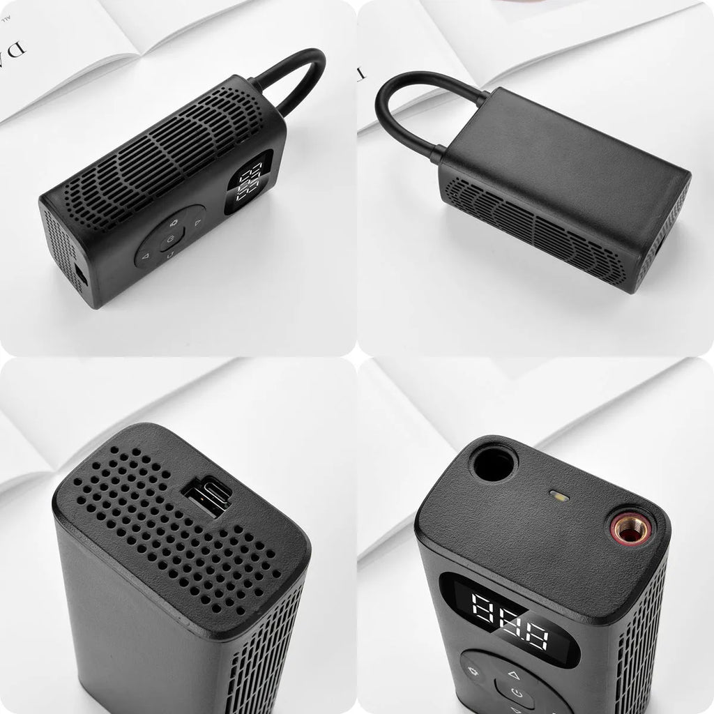Black M09X portable tyre inflator power bank with aviation aluminium casing and a 16cm hose.