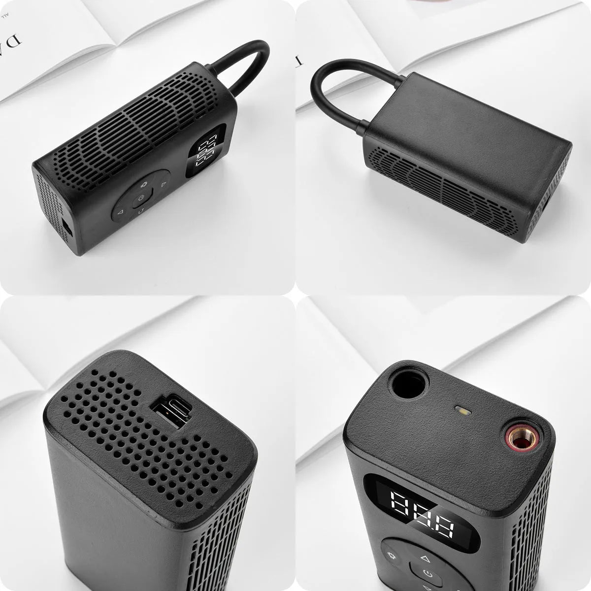Black M09X portable tyre inflator power bank with aviation aluminium casing and a 16cm hose.