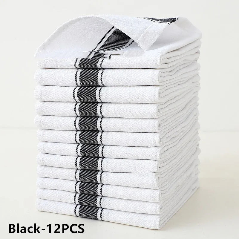 Twelve polyester cotton kitchen dishwashing towels in mixed colours including striped patterns