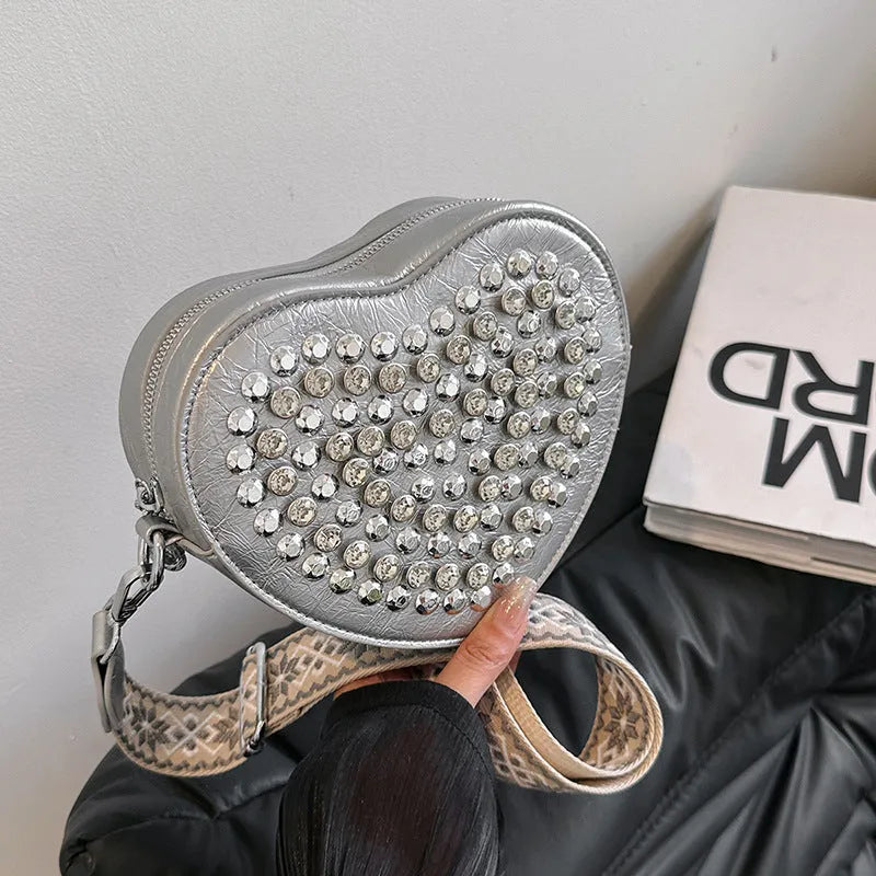 Heart shaped PU crossbody phone bag with western style shoulder strap in black