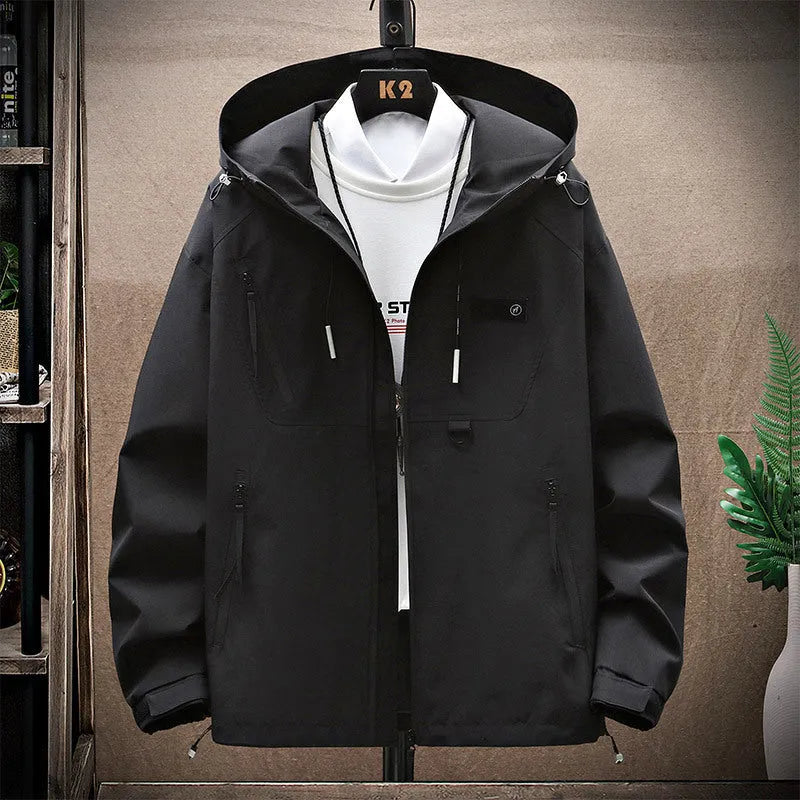 Men's waterproof windproof hood shell jacket in Army Green, loose fit, polyester outdoor coat