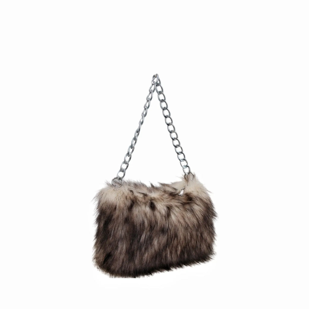 Plush underarm shoulder chain bag in brown colour matching, horizontal square shape with chain strap, 28x8x40cm
