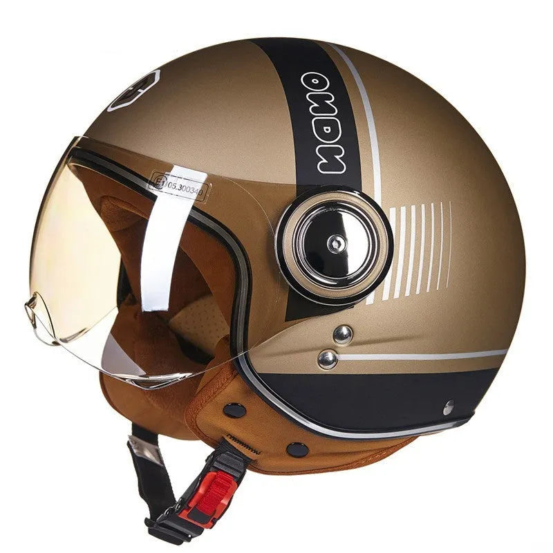 Retro-style half helmet for battery cars in bright blue and red colour combination showing ABS construction
