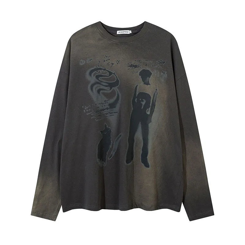 Women's loose long sleeve cotton pullover in dark grey with drop shoulder sleeves
