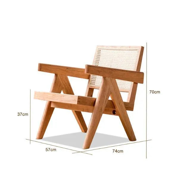 Mid-ancient solid wood rattan leisure chair in cherrywood natural colour, 57x74x70cm, for living room or balcony