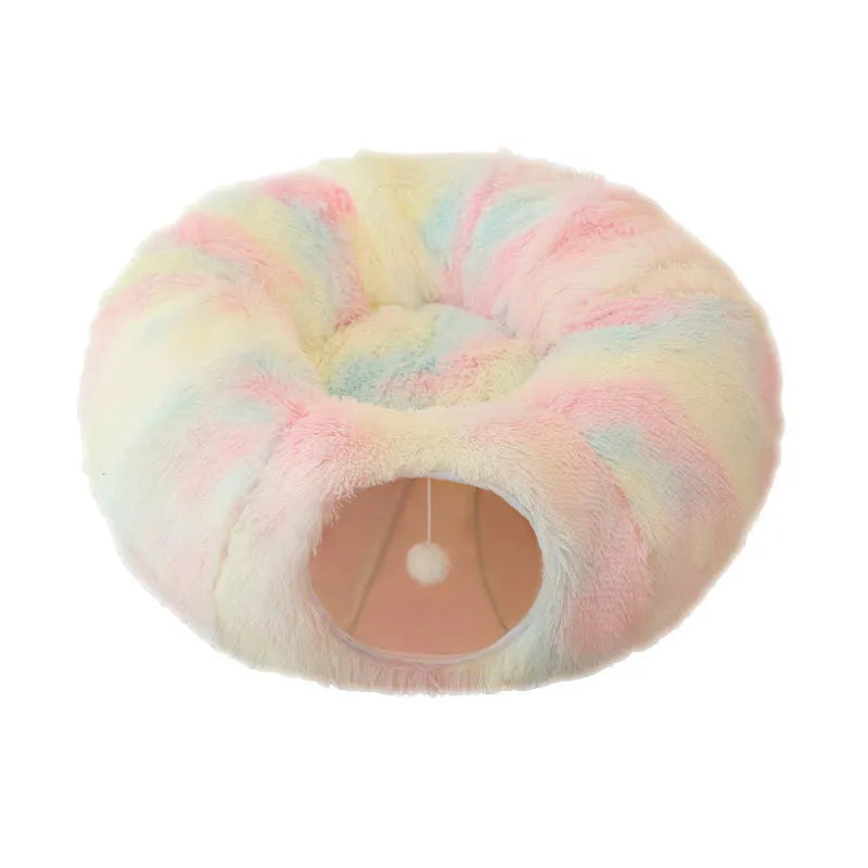 Plush cat bed with tunnel in donut shape, removable cushion, non-slip base for indoor cats