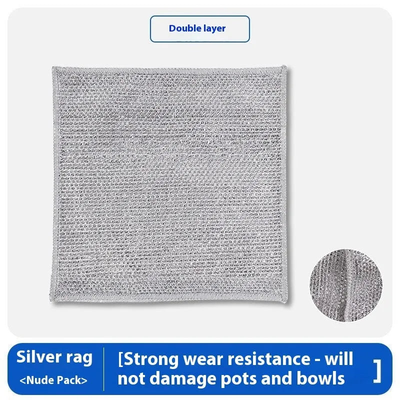 Silver silk double-sided microfiber cleaning rag for scrubbing pots and bowls.
