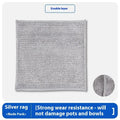 Silver silk double-sided microfiber cleaning rag for scrubbing pots and bowls.