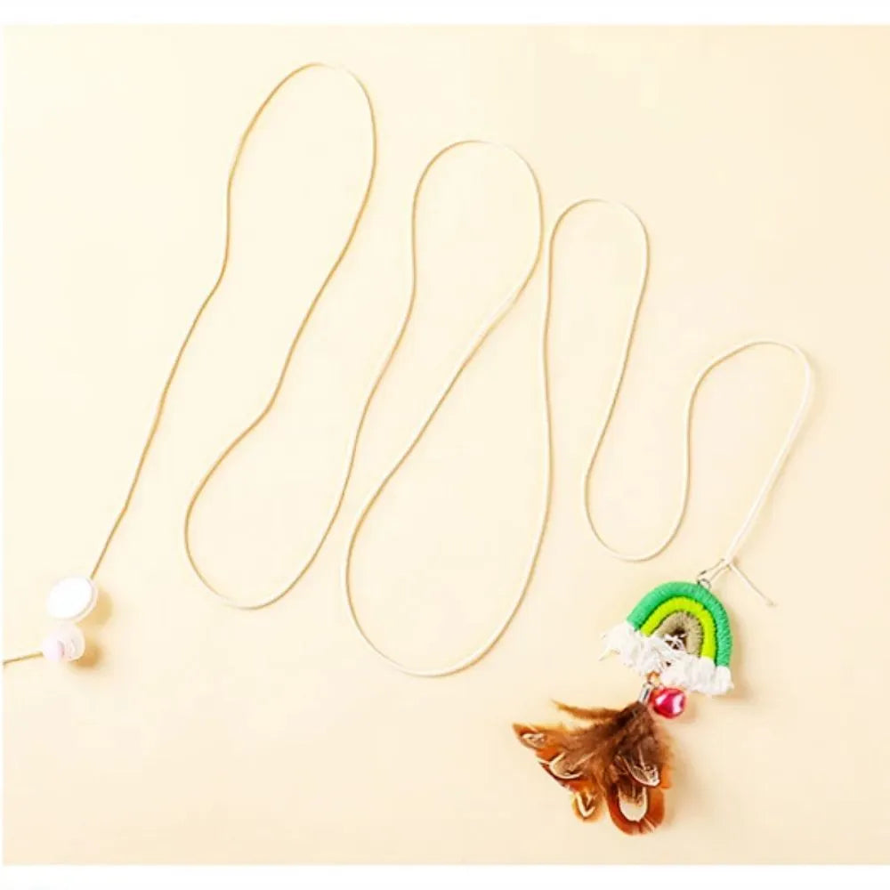 Cat door hanging toy with feather rope on elastic swing and sticky buckle clamp