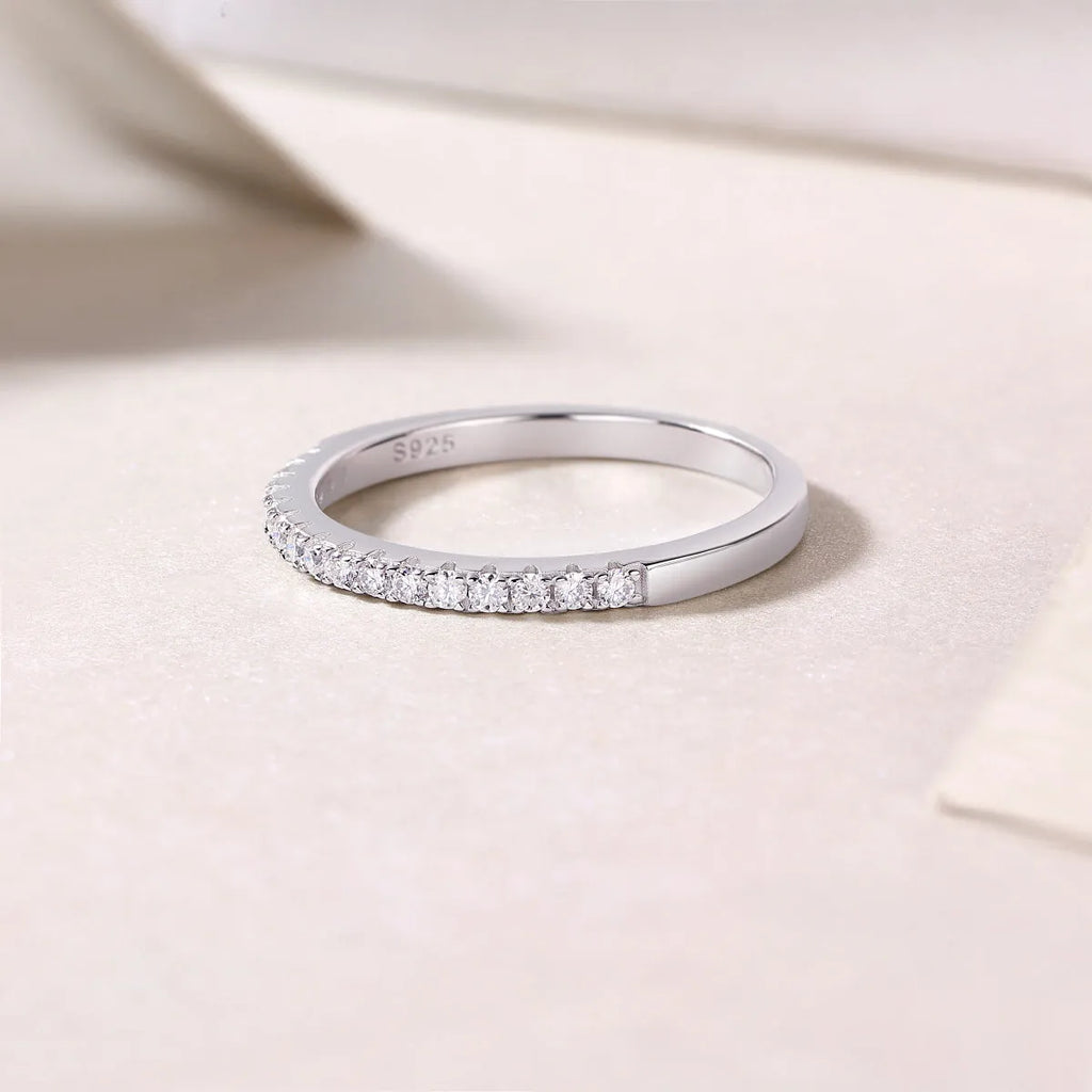 Wedding ring set with moissanite stone in platinum-plated S925 silver, size 7, in gift box