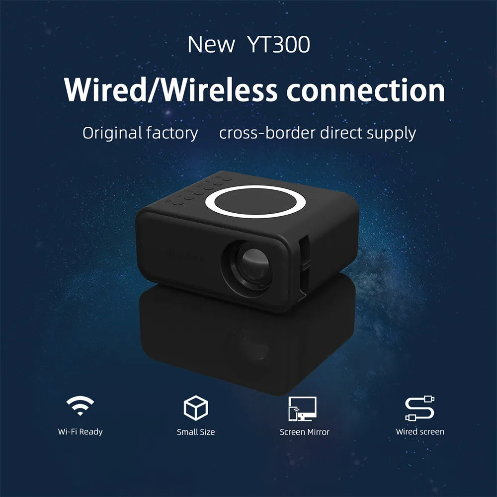 YT300 black or white portable mini projector with remote control on table projecting home theatre image