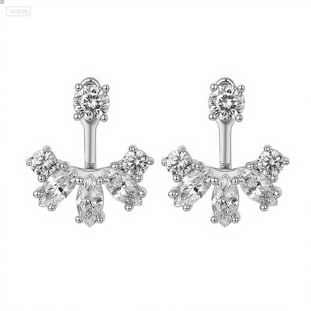 S925 sterling silver two-way geometric earrings in platinum and gold colour options on display
