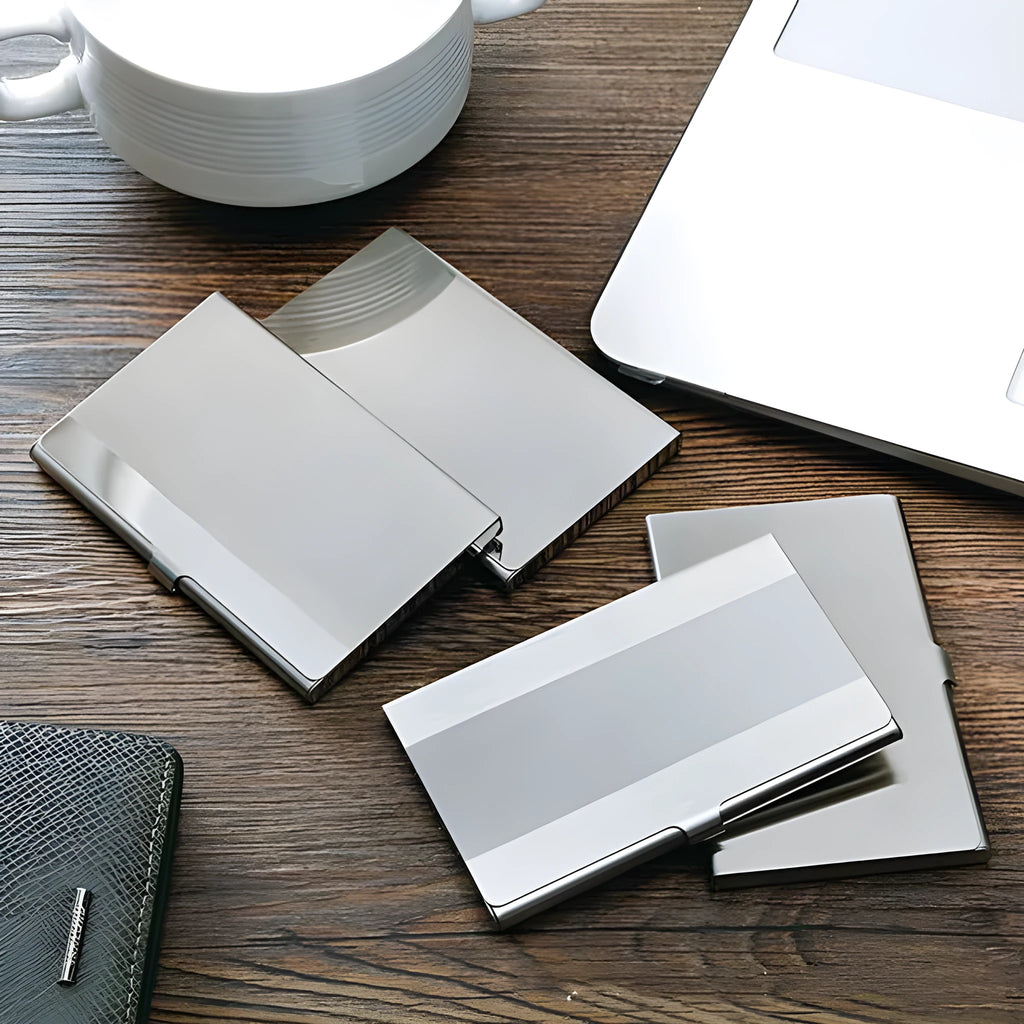 304 stainless steel business card case with middle mirror panel and geometric design
