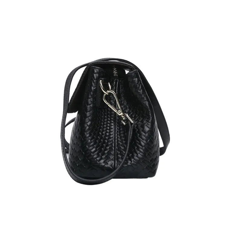 Genuine leather woven crossbody bag black first layer cowhide embossed finish horizontal square shape single shoulder strap