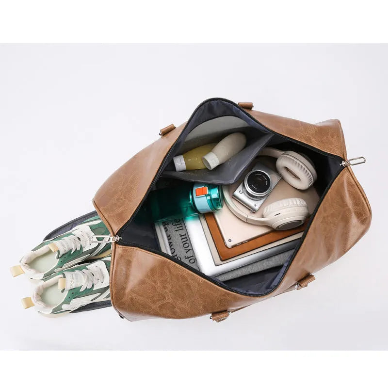 Cylinder PU leather yoga bag in Oxford cloth, unisex design, shown in solid black, khaki, or brown finish