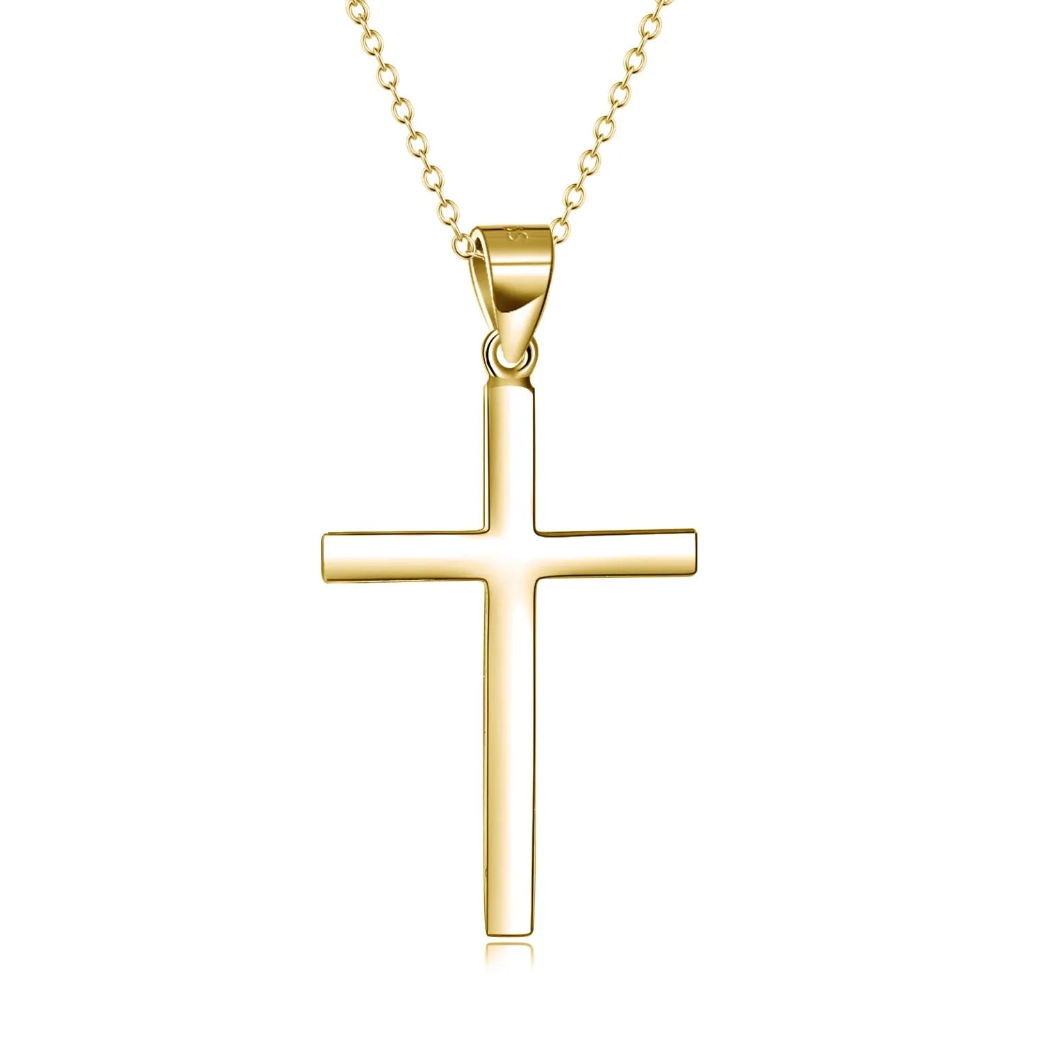 Sterling silver cross pendant necklace yellow gold plated 18 inch cable chain on white background