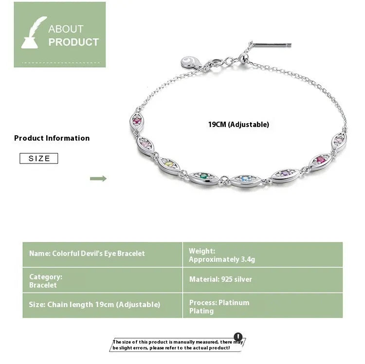 Platinum colourful devil's eye bracelet for women, silver electroplated finish, cold wind style, clasp closure
