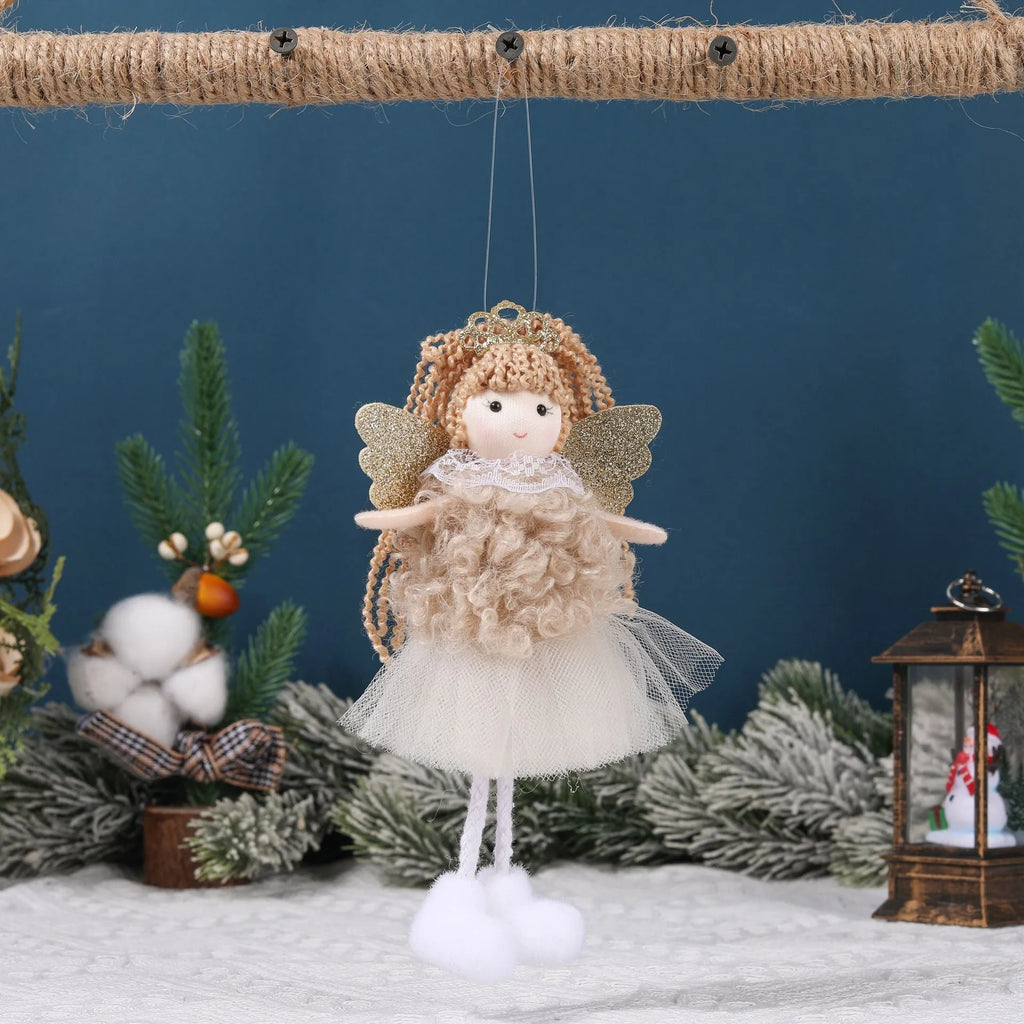 Cartoon-style Christmas angel fabric hair pendant on a girl's high ponytail.