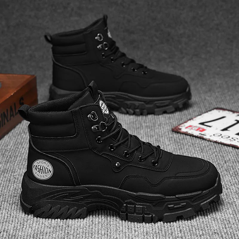 Men's black and yellow Martin boots with high-top design and injection-moulded soles