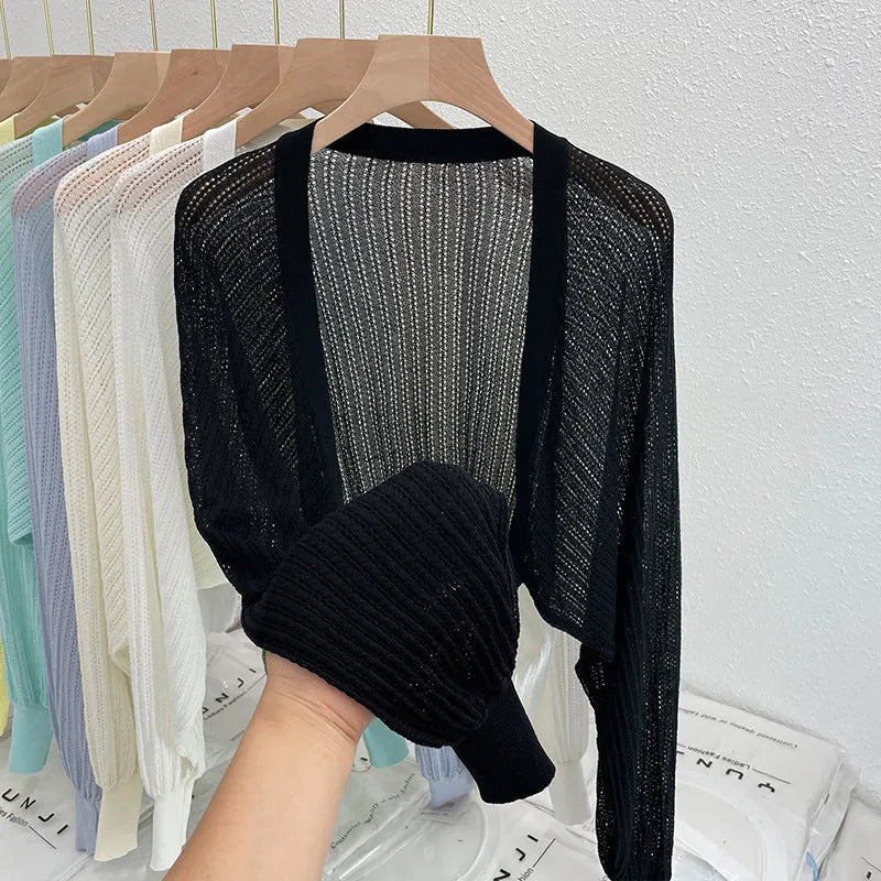 Hollow thin loose lantern sleeve sun protective blouse in polyester linen blend, available in multiple colours