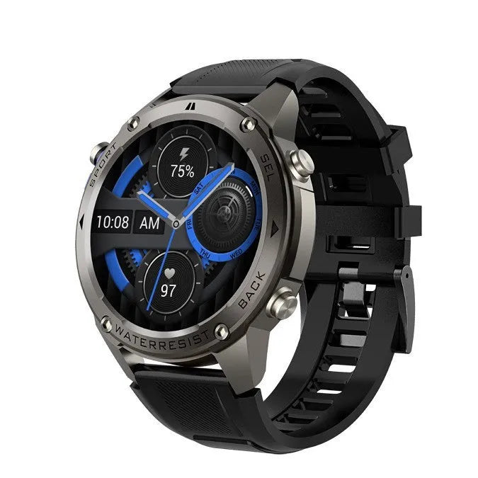Outdoor Compass 5ATM waterproof smart watch with AMOLED display, black and silver colours, health monitoring features