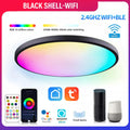Black RGBCW Bluetooth smart ceiling lamp with round shape and remote control on a white background.