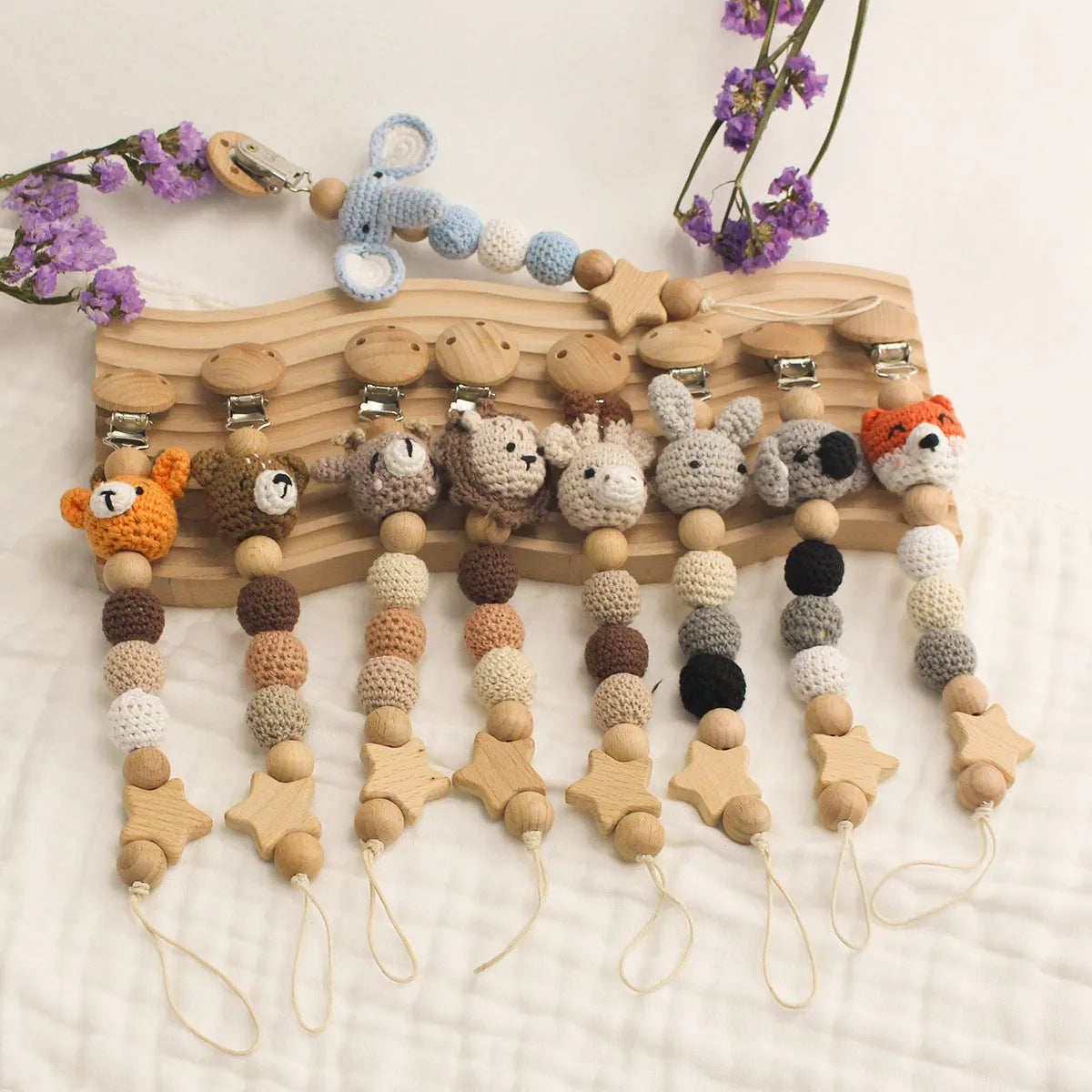 Cartoon animal DIY pacifier chain baby teething rope with ABS clip, fox design