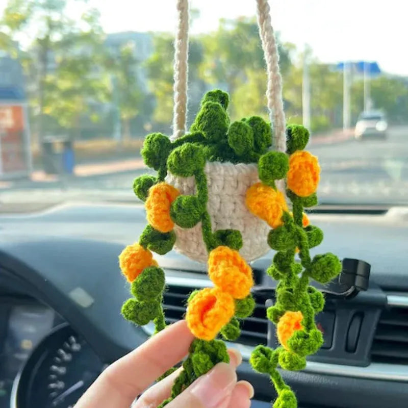 Green and white knitted car plant ornament with 8cm basin base and hanging rope for vehicle interiors