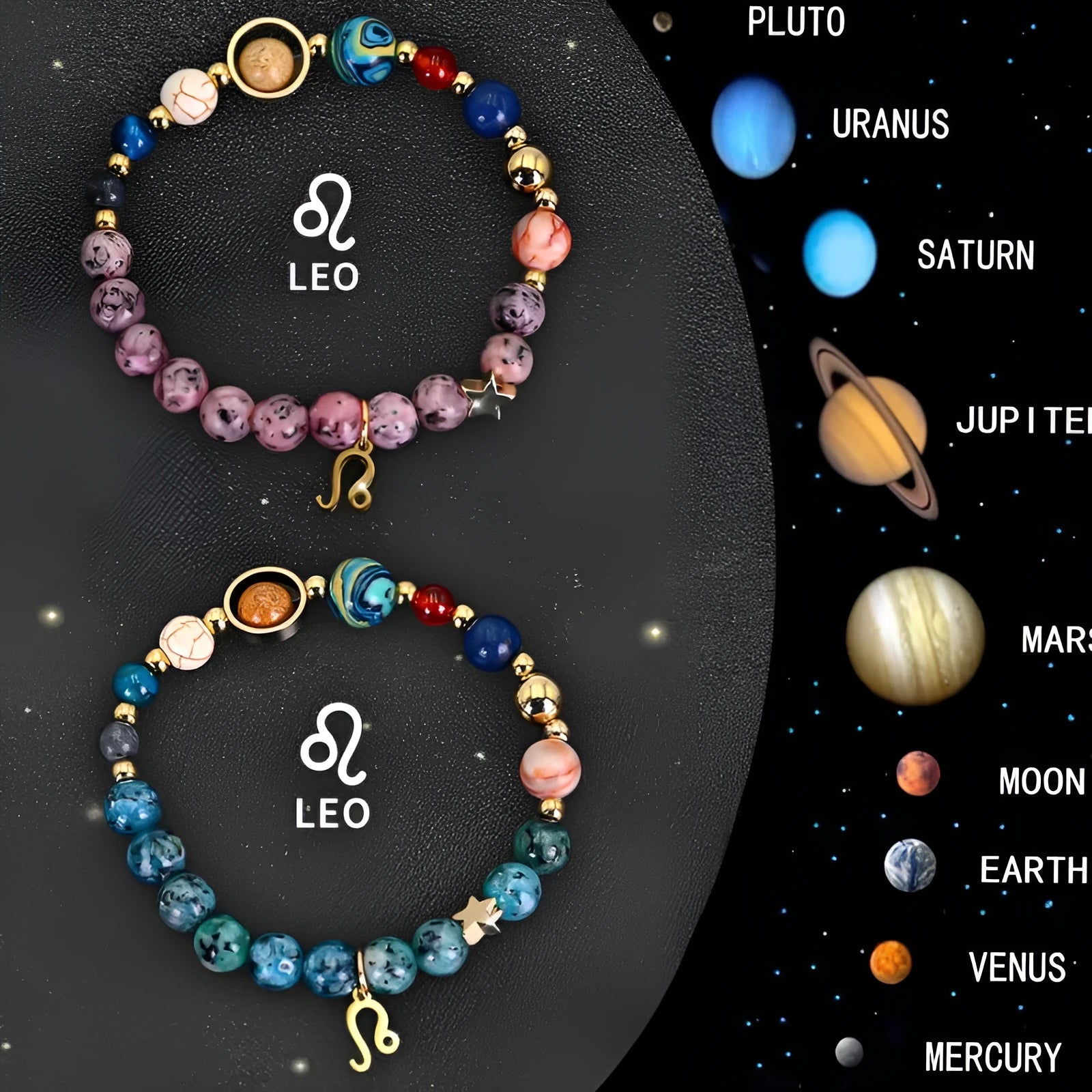 Natural stone beaded bracelet set for twelve zodiac signs, showing two matching bracelets.