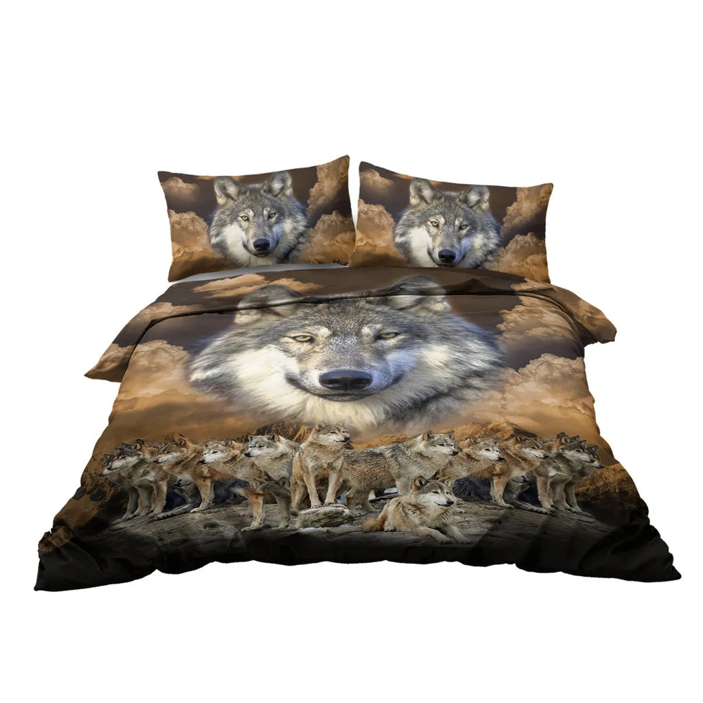 3 piece Wolf Pack duvet set in brown with 3D printed wolf design, microfiber comforter and two pillow shams