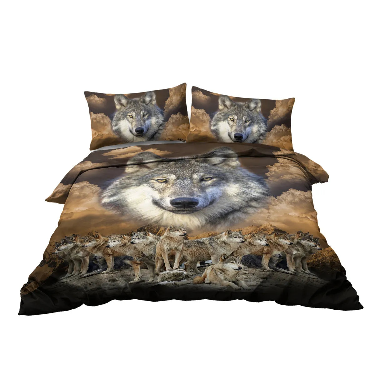 3 piece Wolf Pack duvet set in brown with 3D printed wolf design, microfiber comforter and two pillow shams