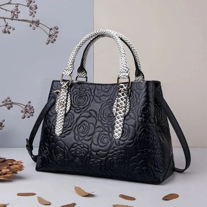 Black genuine leather handbag with embossed finish, horizontal square shape, large capacity, first layer cowhide