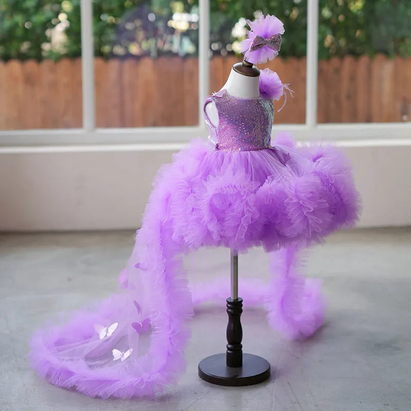 Spring colorful sequined girl's small host dress in taro purple with polyester lining