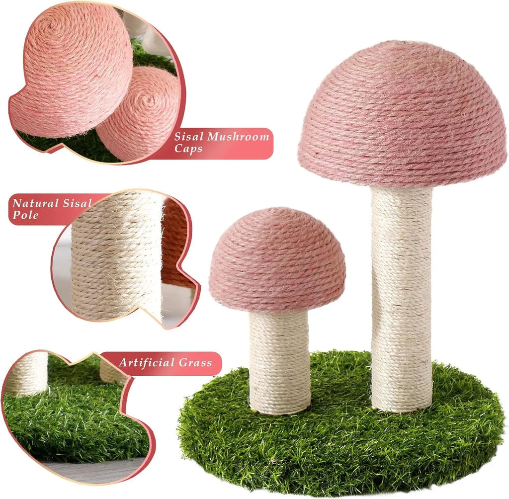 Pink mushroom-shaped cat scratching post with natural sisal rope for kittens and small cats