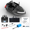 V020 GPS remote control fishing boat with LED light on hull, shown on water with remote.
