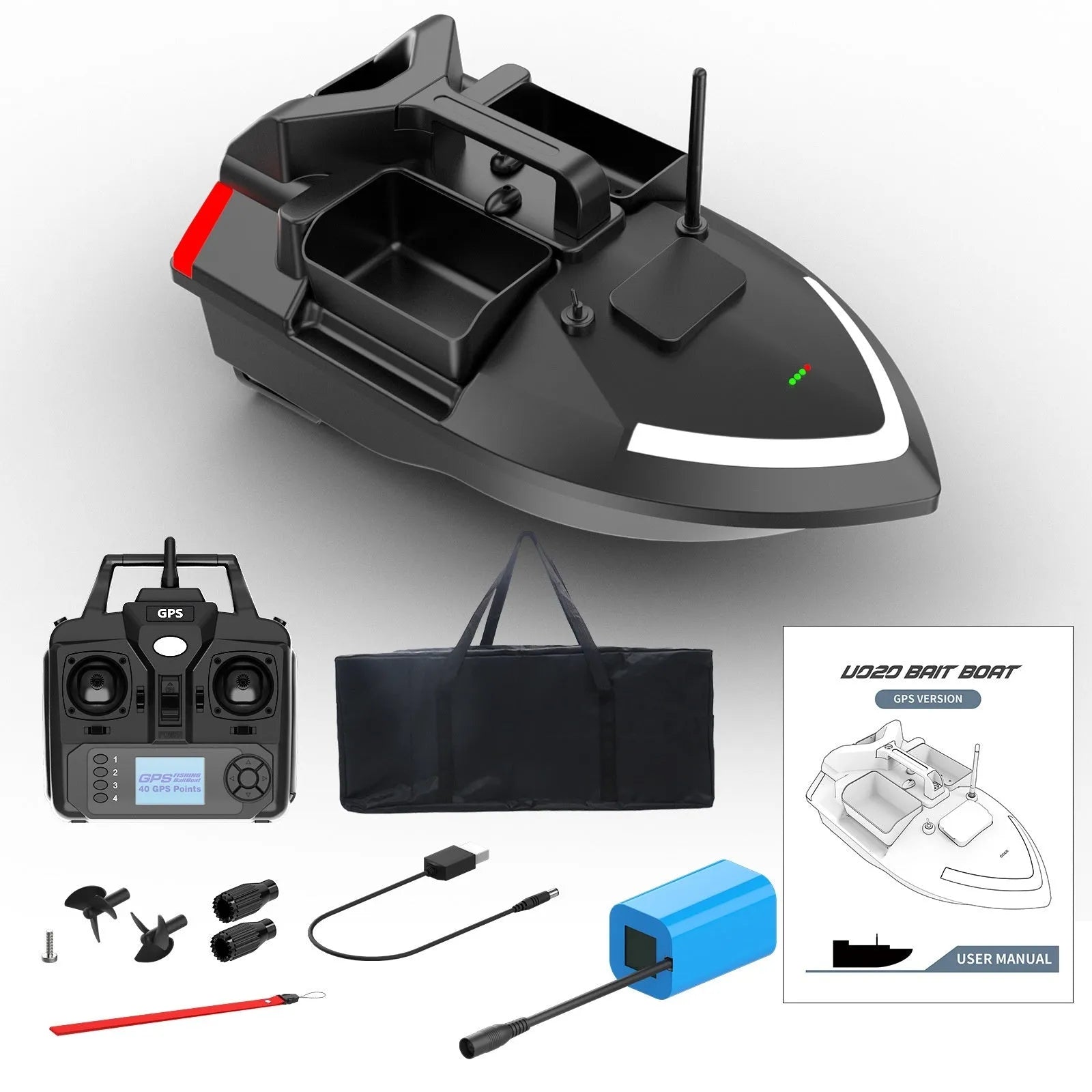 V020 GPS remote control fishing boat with LED light on hull, shown on water with remote.