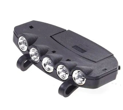 Black fishing headlight clip cap lamp with 5 high brightness LEDs on a cap visor