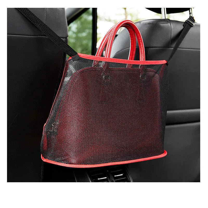 Polyester mesh car seat storage net organiser with adjustable belt, 40x12x26cm, in black, single pocket design