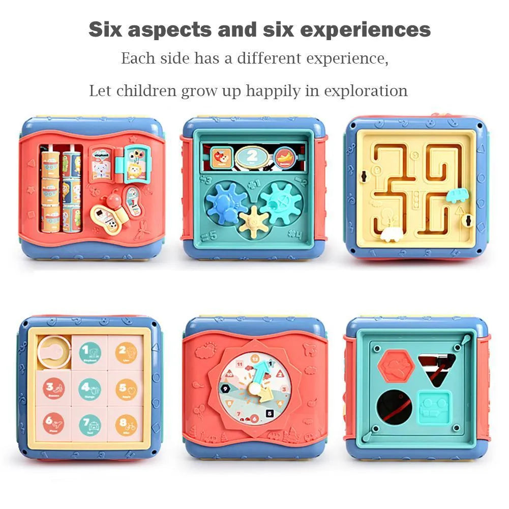ABS plastic hexahedron educational toy with six different Montessori activities including bead maze and gears