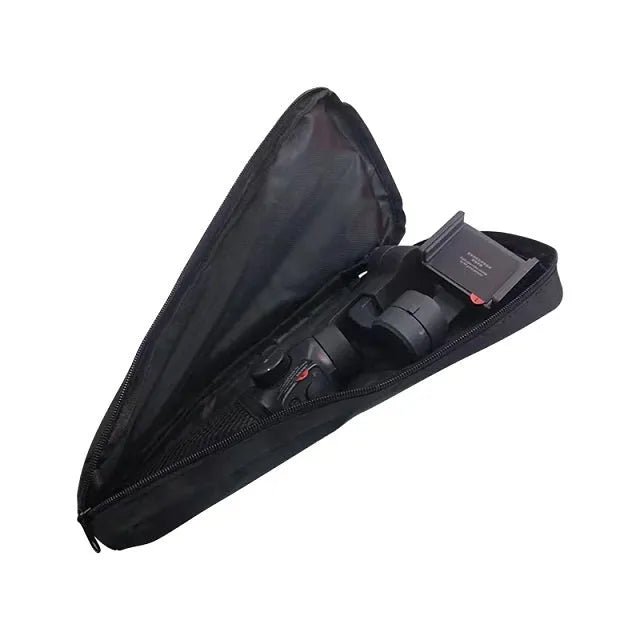 Black water-resistant cloth storage bag for a mobile phone gimbal, shown open to reveal padded interior and organisation compartments.