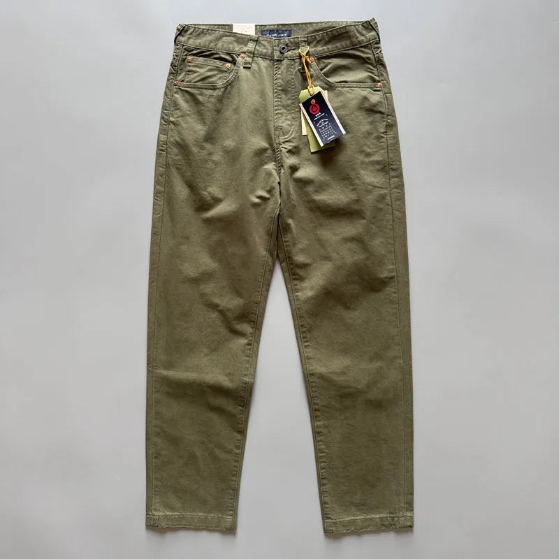 Men's grey straight-leg casual cotton trousers on a hanger.