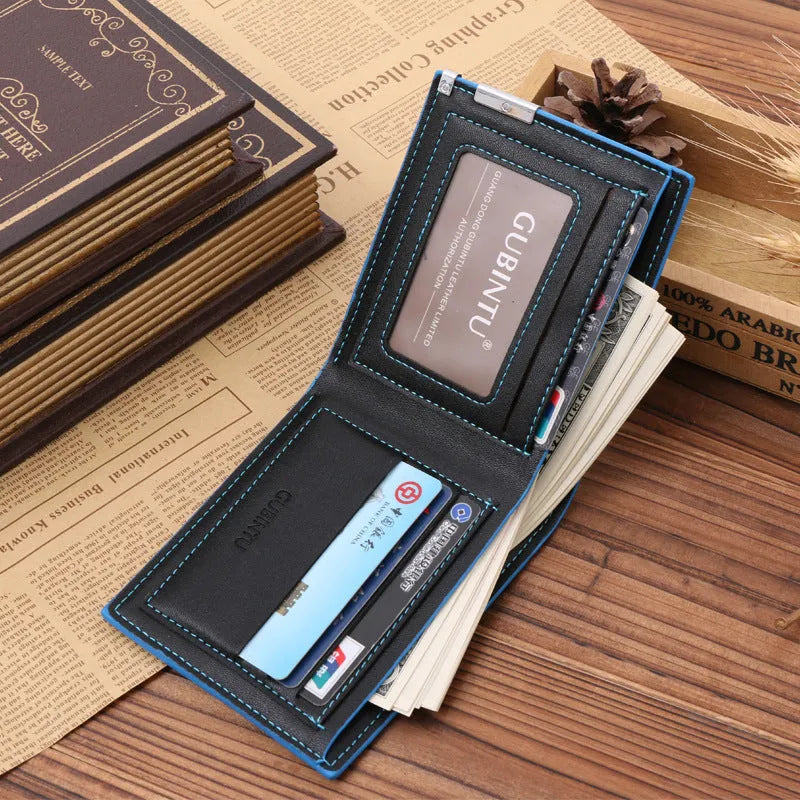 Mens black PU leather wallet with blue edge, open showing card slots and bill compartments