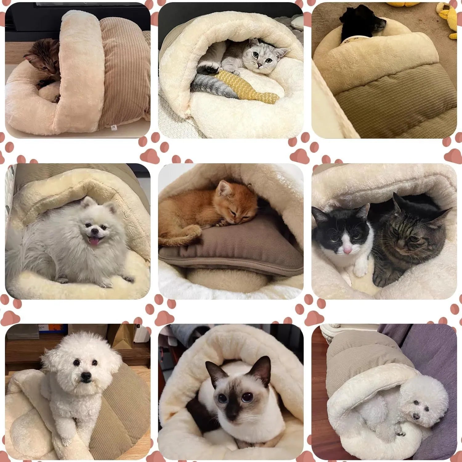 Grey slipper-shaped cat cave bed with plush lining on a wooden floor.