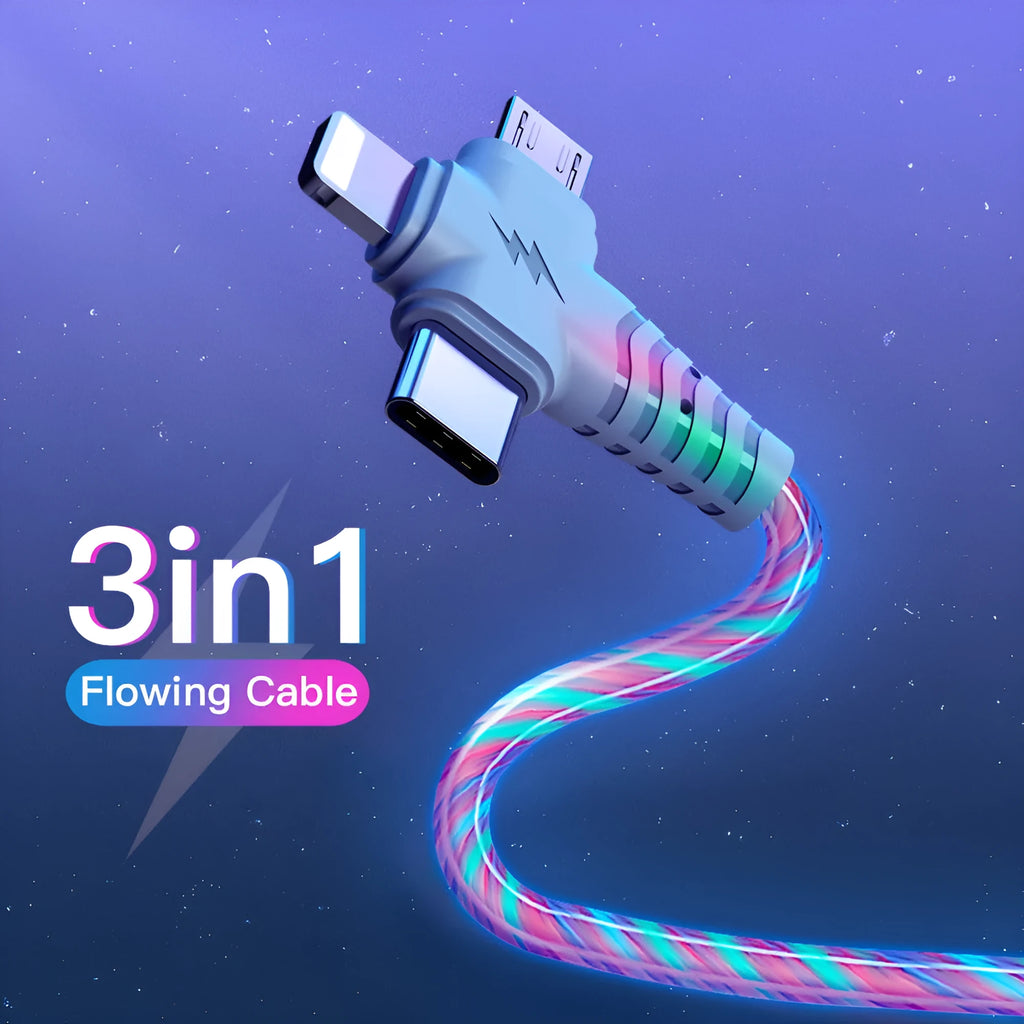 USB A to Type C and Micro USB fast charging cable with luminous streamer and aluminium alloy connectors